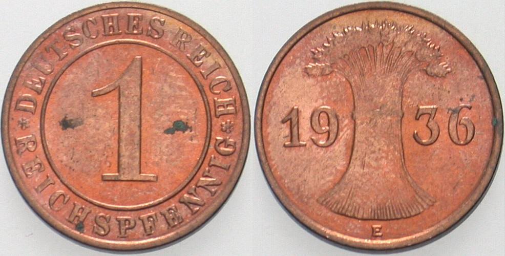 1 Reichspfennig 1936 J. 313 Fleckig, Patina, vorzüglich - Stempelglanz