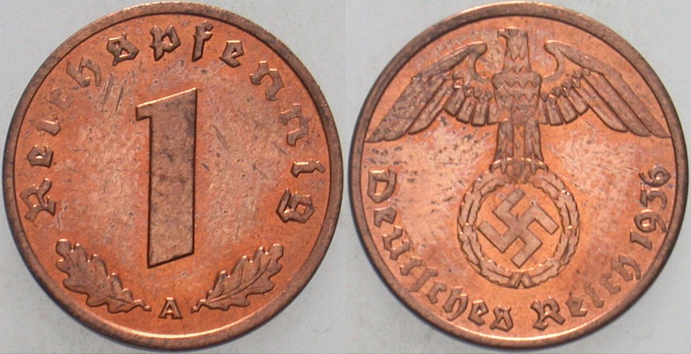 1 Reichspfennig 1936 J. 361 Patina, fast Stempelglanz