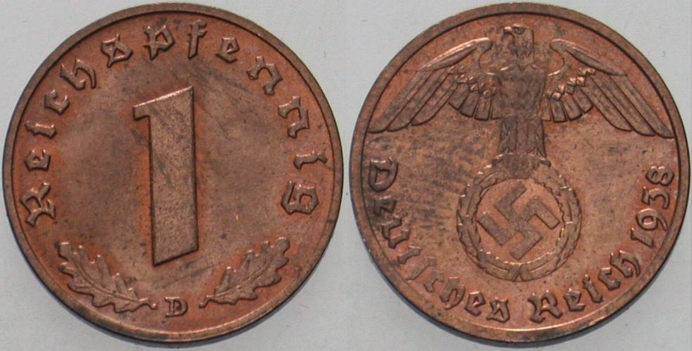 1 Reichspfennig 1938 J. 361 Vorzüglich - Stempelglanz