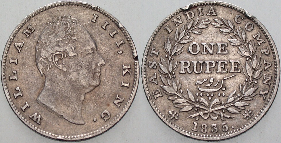 1 Rupee 1835 K./M. 450 Mehrere Randfehler, sonst sehr schön