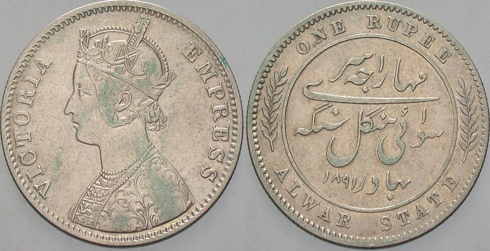 1 Rupee 1891 KM 46 Patina, sehr schön