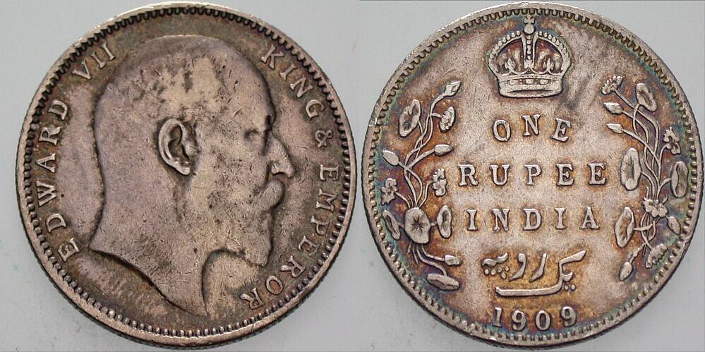 1 Rupie 1909 K./M. 508 Patina, sehr schön