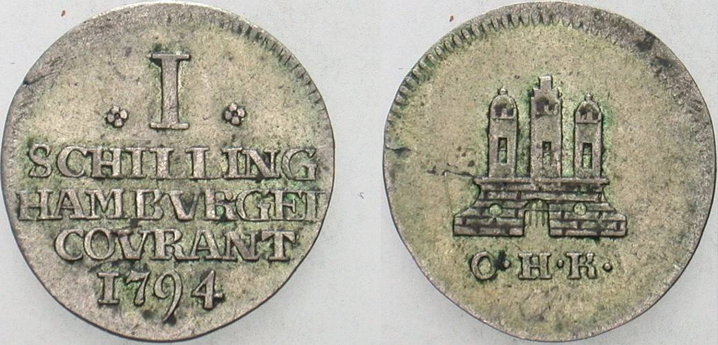 1 Schilling 1794 Gaedechens 997 Jaeger 31 a Patina, kl. Schrötlingsf., fast vorzüglich