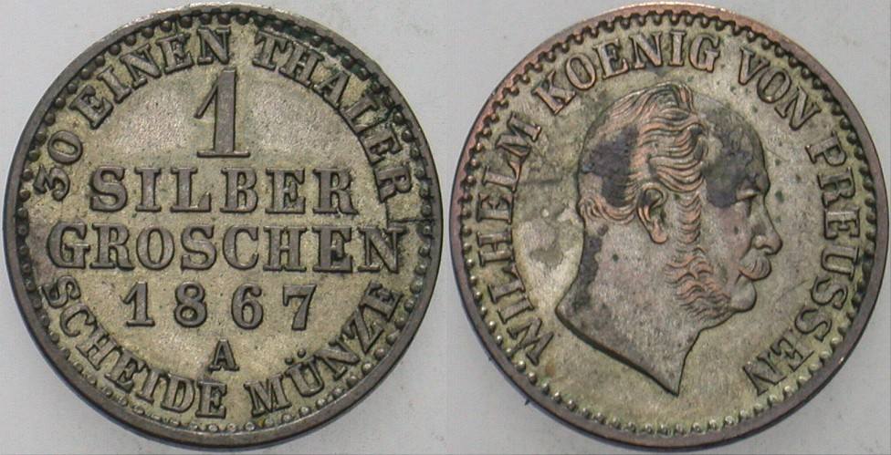 1 Silbergroschen 1867 Jaeger 89 Olding 415 AKS 103 Fleckige Patina, vorzüglich