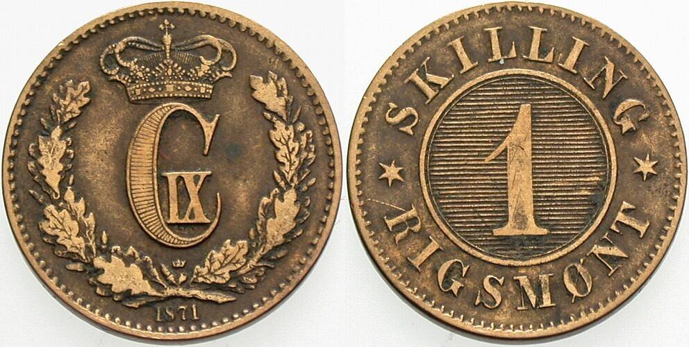 1 Skilling Rigsmont 1871 KM. 774 Sehr schön