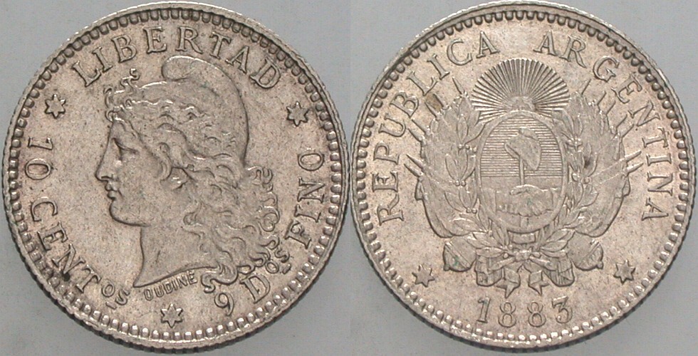 10 Centavos 1883 K.M. 26 Patina, vorzüglich +