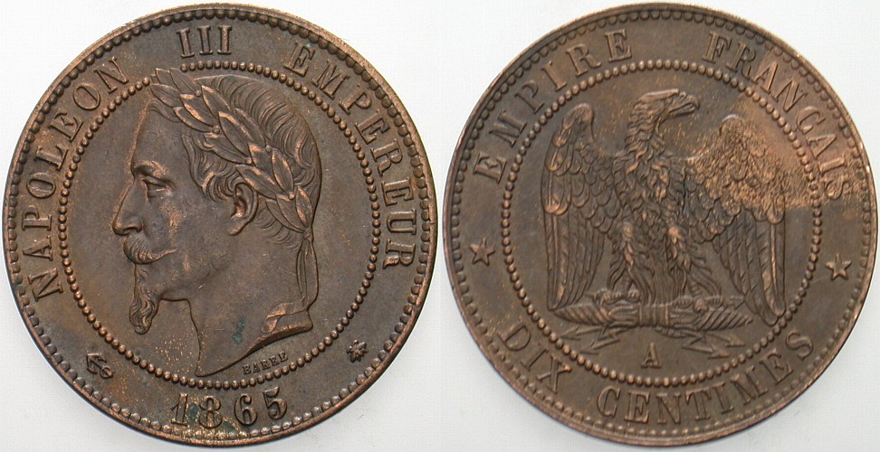 10 Centimes 1865 K.M. 798.1 Fleckige Patina, fast vorzüglich