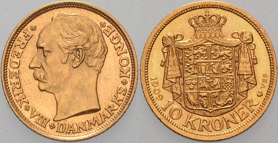 10 Kroner 1909 KM. 809 Vorzüglich - Stempelglanz