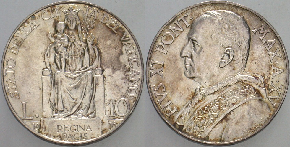 10 Lire 1936 KM. 8 Fleckige Patina, vorzüglich - Stempelglanz