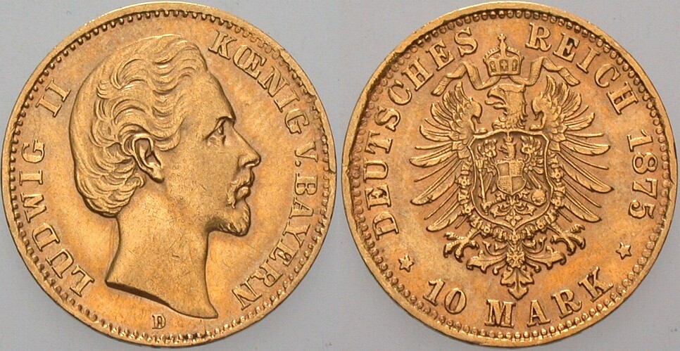 10 Mark 1875 Jaeger 196 Wz. Rdf., sehr schön