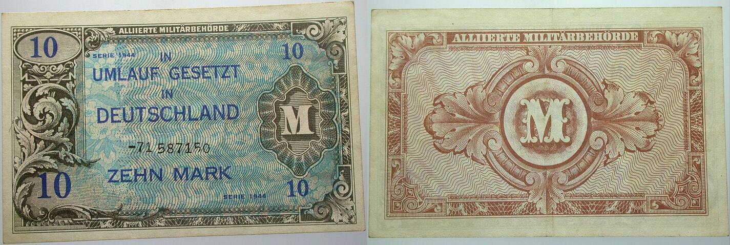 10 Mark 1944 UdSSR-Druck ohne F, KN 8stellig mit - davor Rosenberg 203d Leicht gebraucht