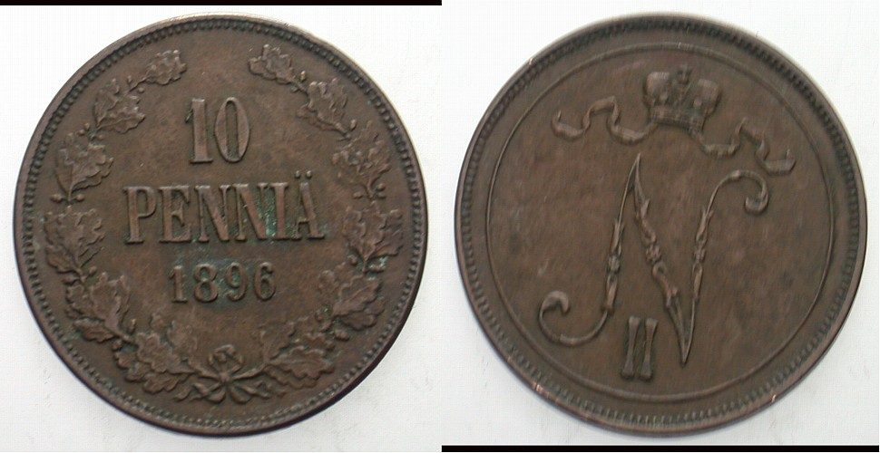 10 Penniä 1896 Bitkin 424 Winz. Randfehler, sehr schön