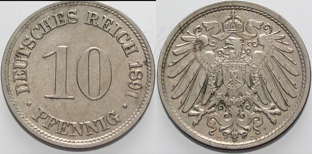 10 Pfennig 1891 J. 13 Patina, vorzüglich +