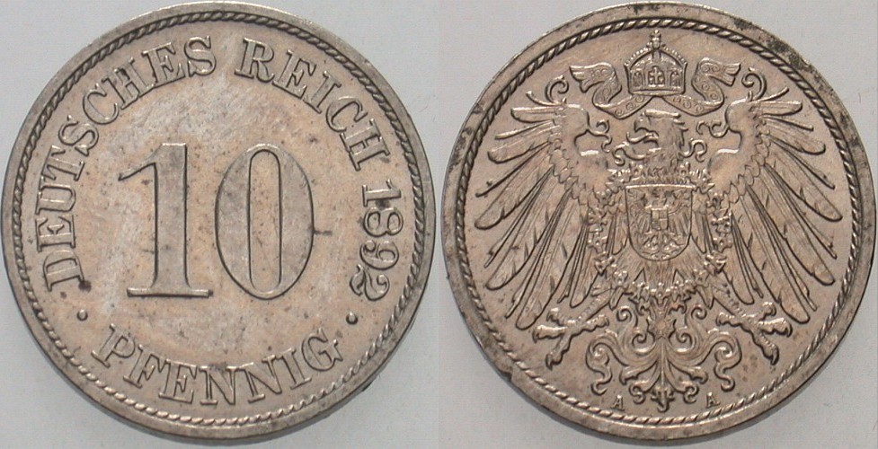 10 Pfennig 1892 J. 13 Fleckig, vorzüglich +