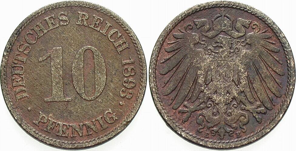 10 Pfennig 1893 J. 13 Korrodiert, schön - sehr schön