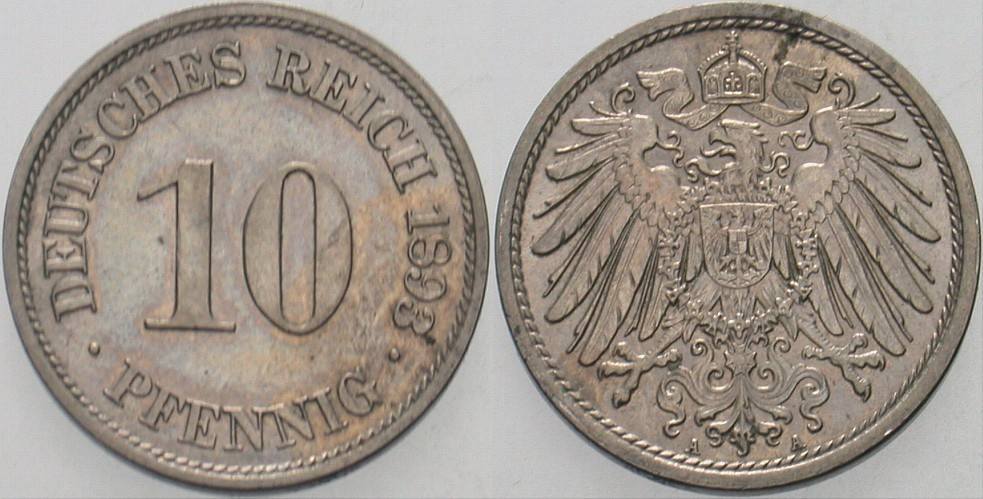 10 Pfennig 1893 J. 13 Patina, vorzüglich - Stempelglanz