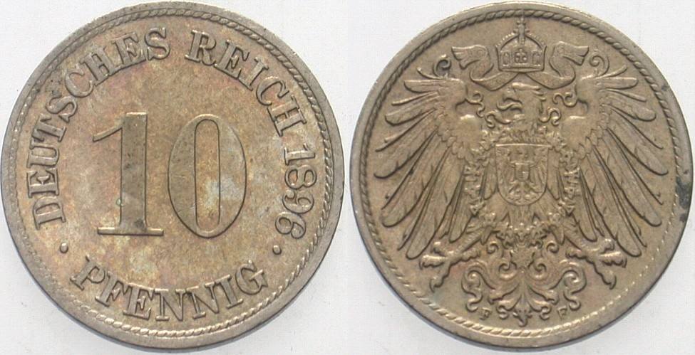 10 Pfennig 1896 J. 13 Fleckige Patina, vorzüglich