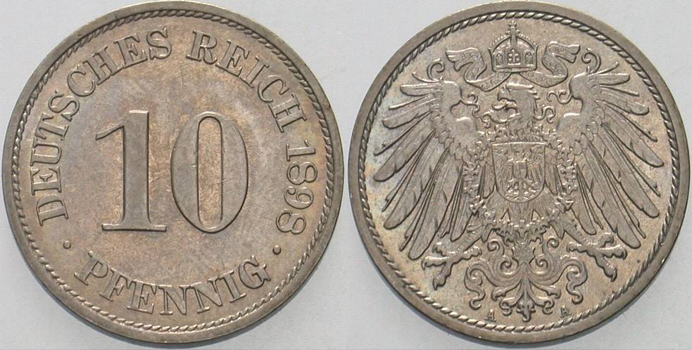10 Pfennig 1898 J. 13 Patina, vorzüglich +