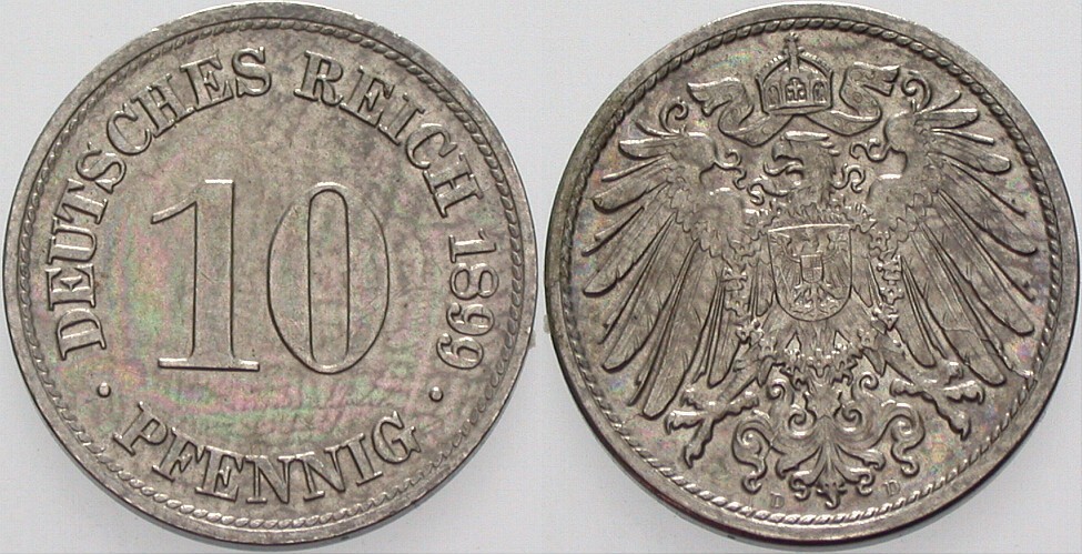 10 Pfennig 1899 J. 13 Patina, vorzüglich - Stempelglanz