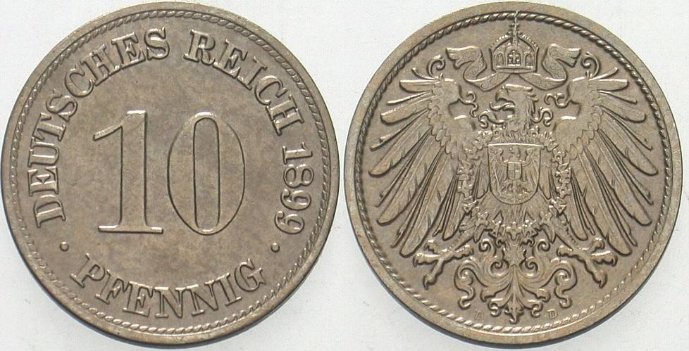 10 Pfennig 1899 J. 13 Patina, vorzüglich