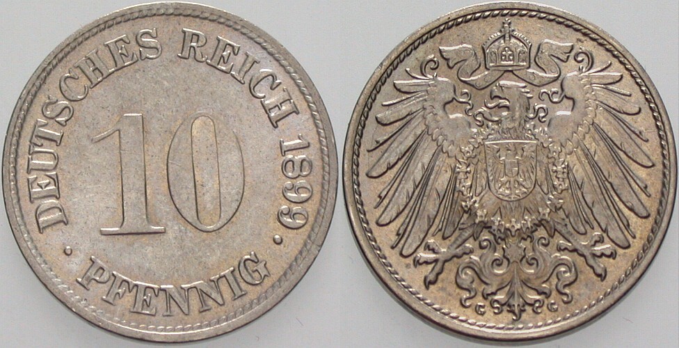 10 Pfennig 1899 J. 13 Winz. Kratzer, fast Stempelglanz