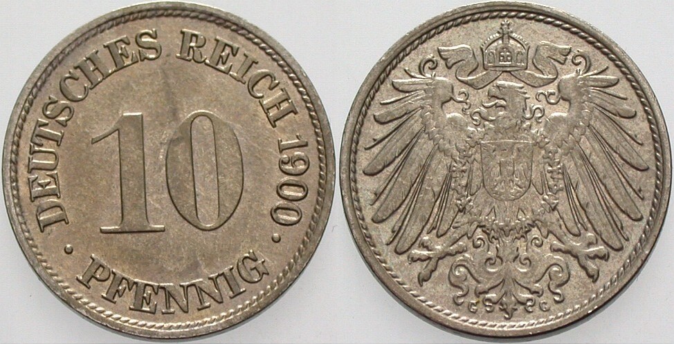 10 Pfennig 1900 J. 13 Patina, vorzüglich - Stempelglanz