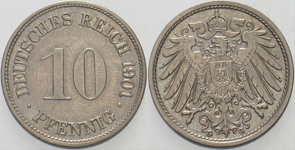 10 Pfennig 1901 J. 13 Patina, vorzüglich +