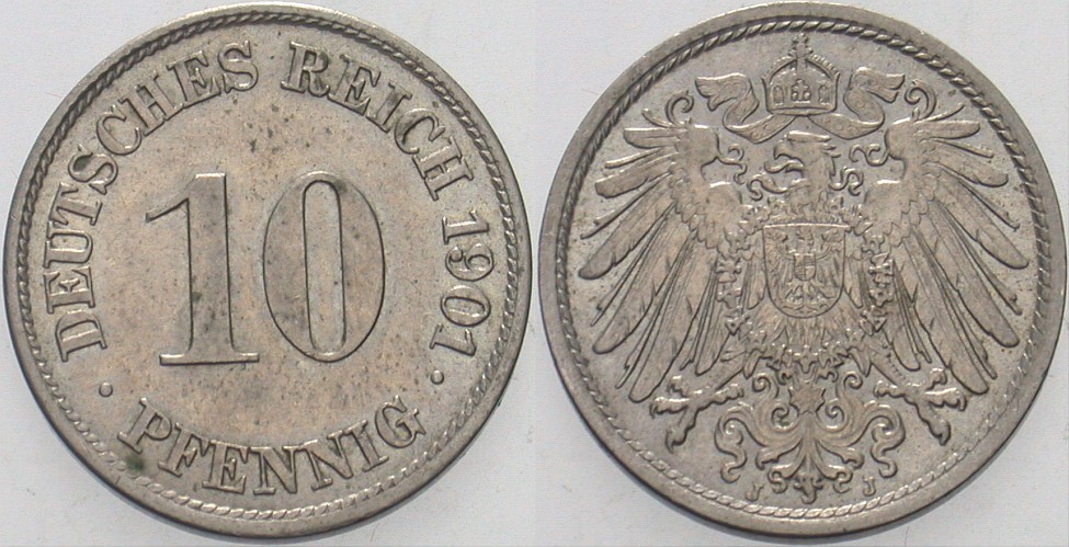 10 Pfennig 1901 J. 13 Patina, vorzüglich - Stempelglanz