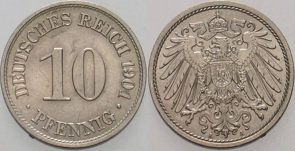 10 Pfennig 1901 J. 13 Winz. Kratzer, vorzüglich - Stempelglanz