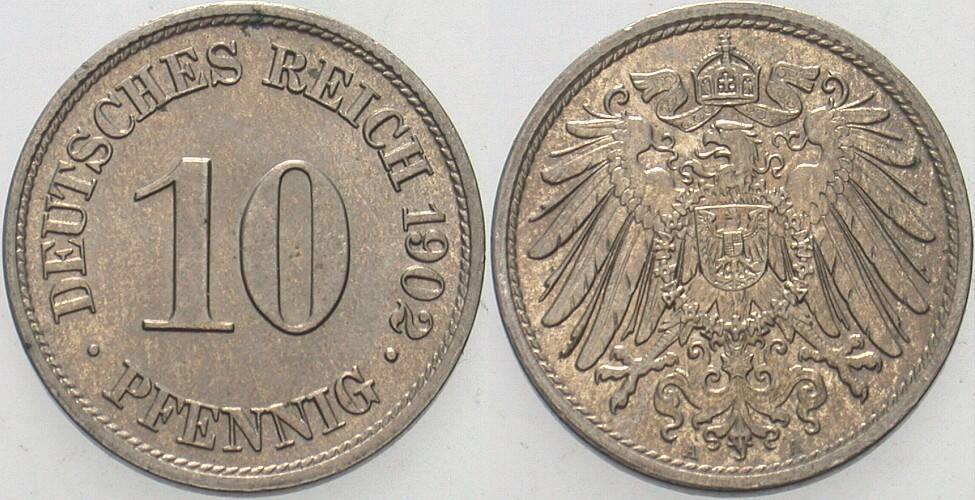 10 Pfennig 1902 J. 13 Patina, vorzüglich - Stempelglanz