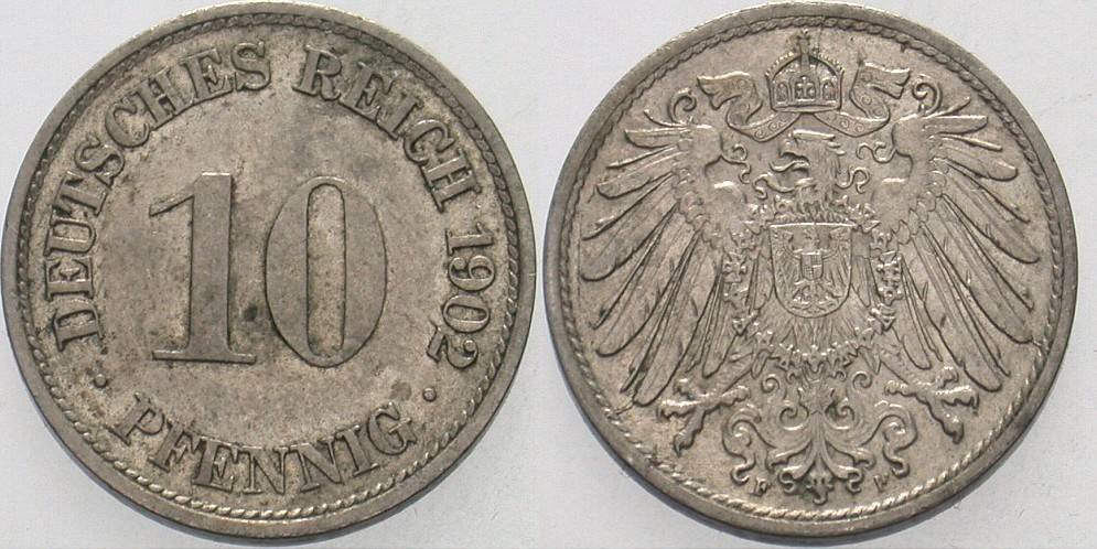 10 Pfennig 1902 J. 13 Patina, vorzüglich