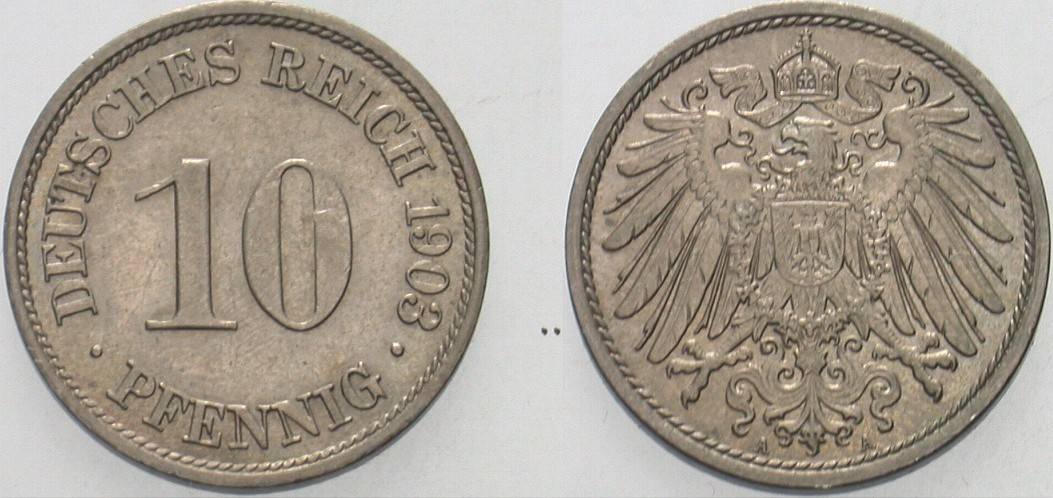 10 Pfennig 1903 J. 13 Patina, vorzüglich - Stempelglanz