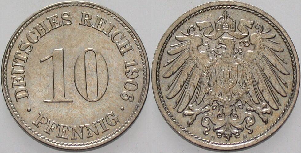 10 Pfennig 1906 J. 13 Patina, fast Stempelglanz