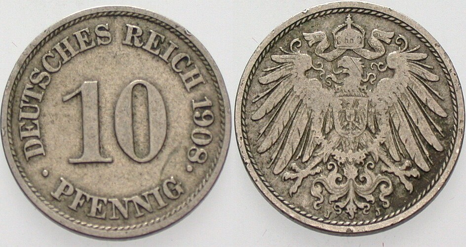 10 Pfennig 1909 J. 13 kl. Randfehler, sehr schön