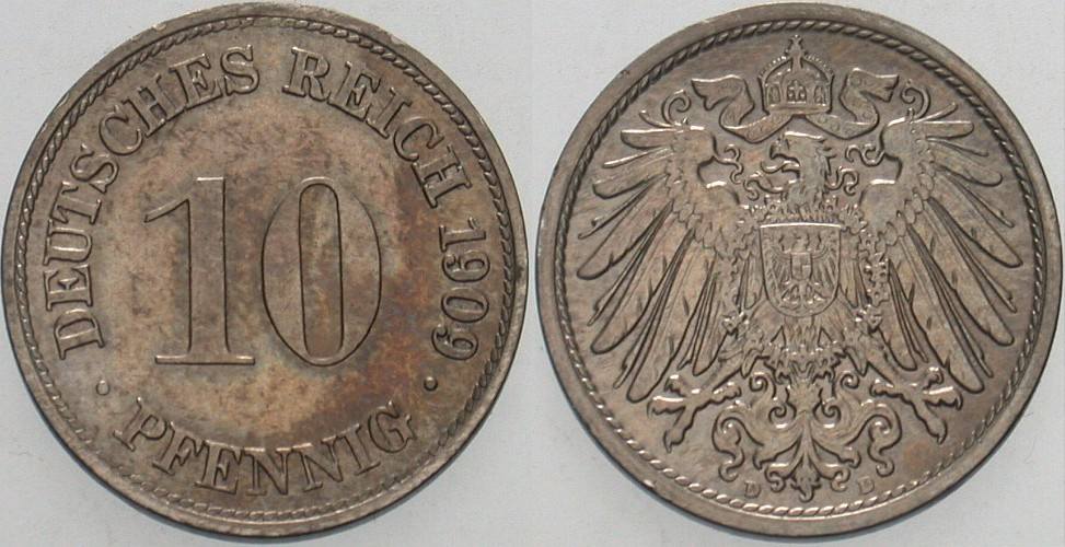 10 Pfennig 1909 J. 13 Patina, vorzüglich