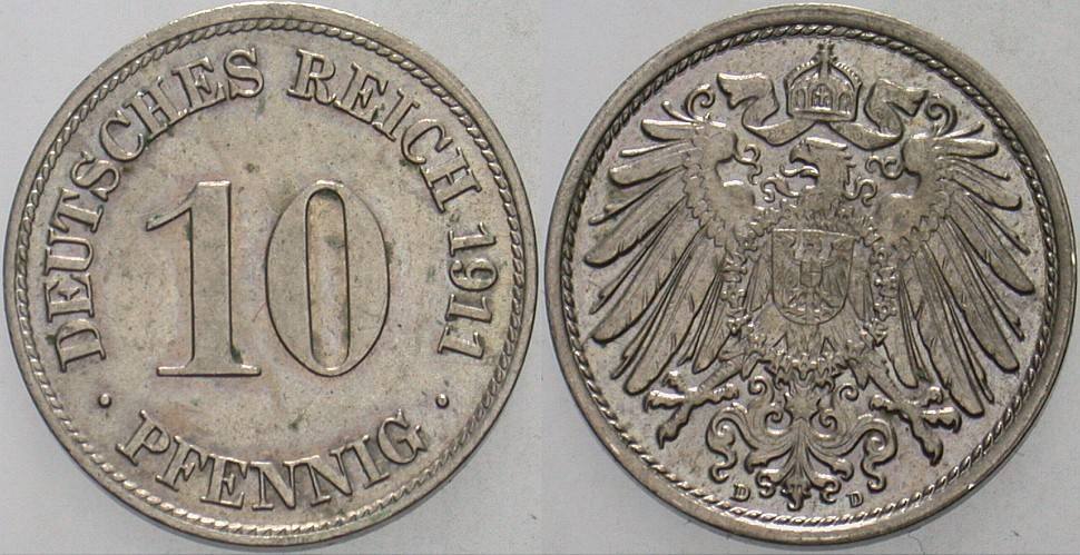10 Pfennig 1911 J. 13 Etwas fleckige Patina, vorzüglich - Stempelglanz