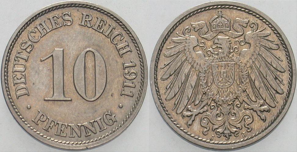 10 Pfennig 1911 J. 13 Vorzüglich