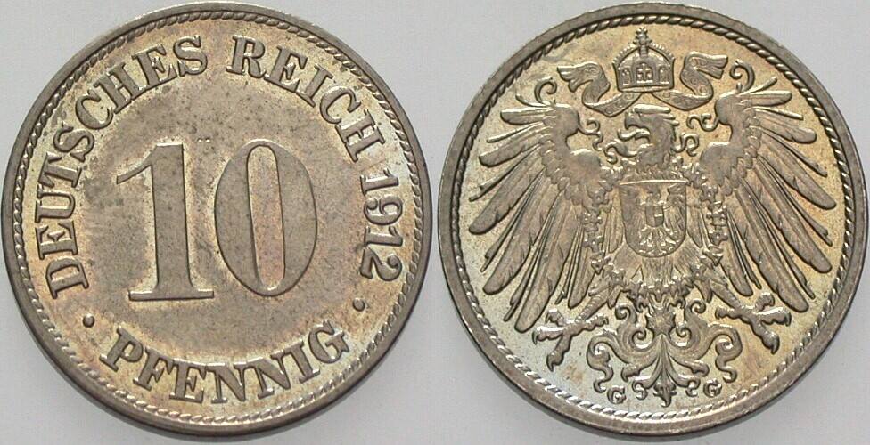 10 Pfennig 1912 J. 13 Patina, vorzüglich - Stempelglanz