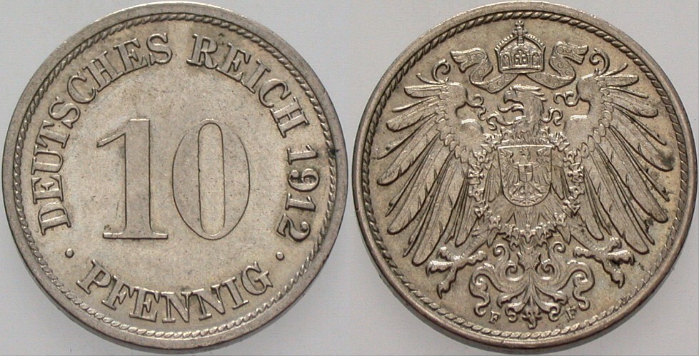 10 Pfennig 1912 J. 13 vorzüglich - Stempelglanz