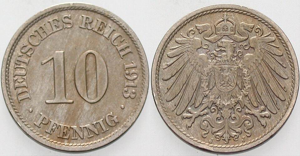 10 Pfennig 1913 J. 13 Winz. Randfehler, vorzüglich