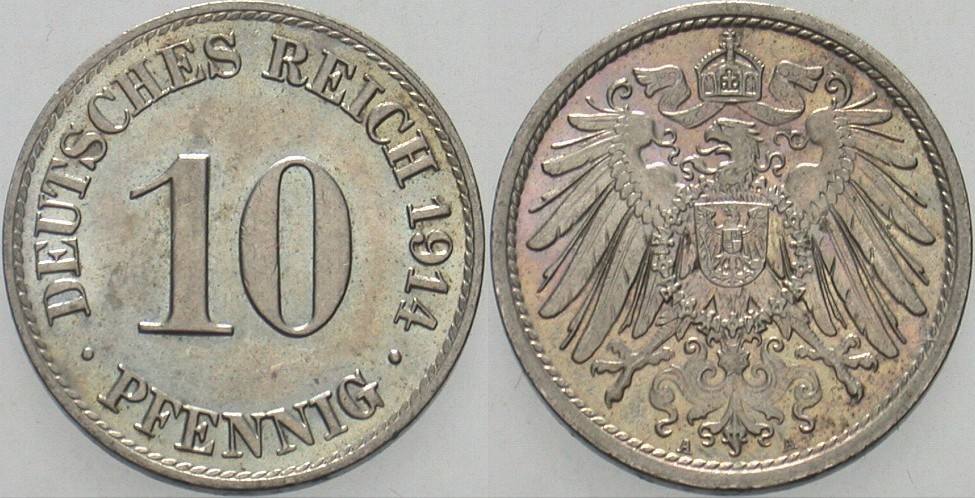 10 Pfennig 1914 J. 13 Patina, fast Stempelglanz
