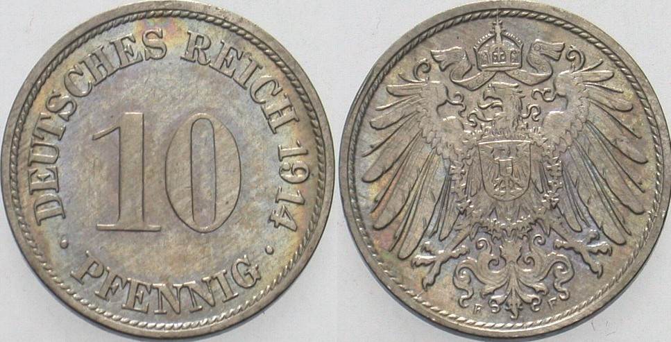10 Pfennig 1914 J. 13 Patina, vorzüglich - Stempelglanz