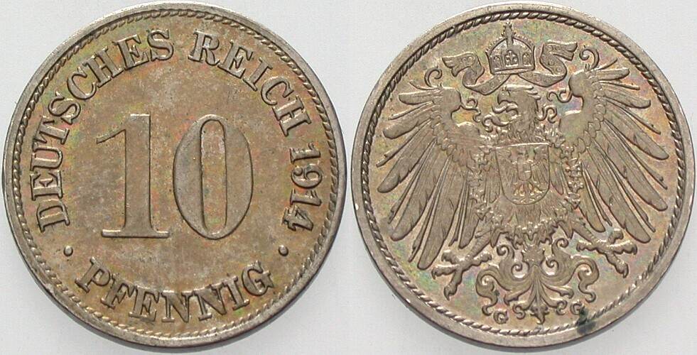 10 Pfennig 1914 J. 13 vorzüglich - Stempelglanz