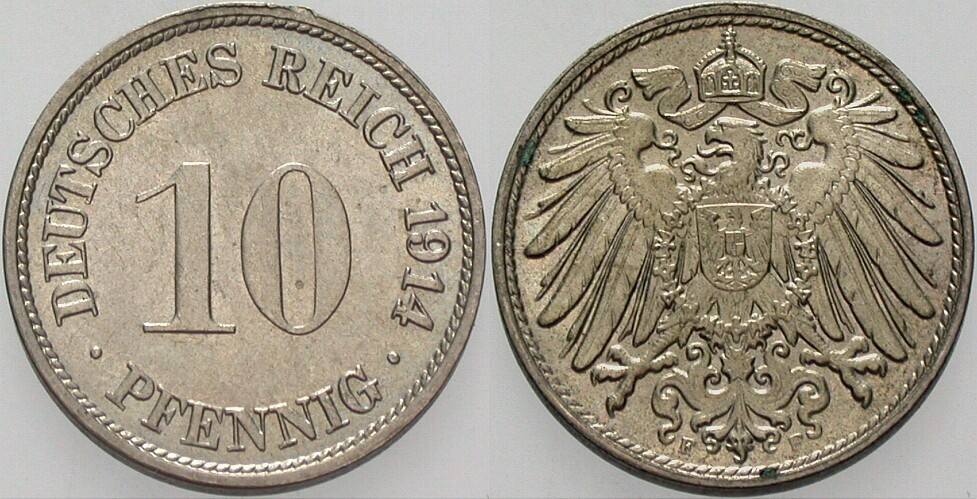 10 Pfennig 1914 J. 13 Winz. Randverprägung, fast Stempelglanz