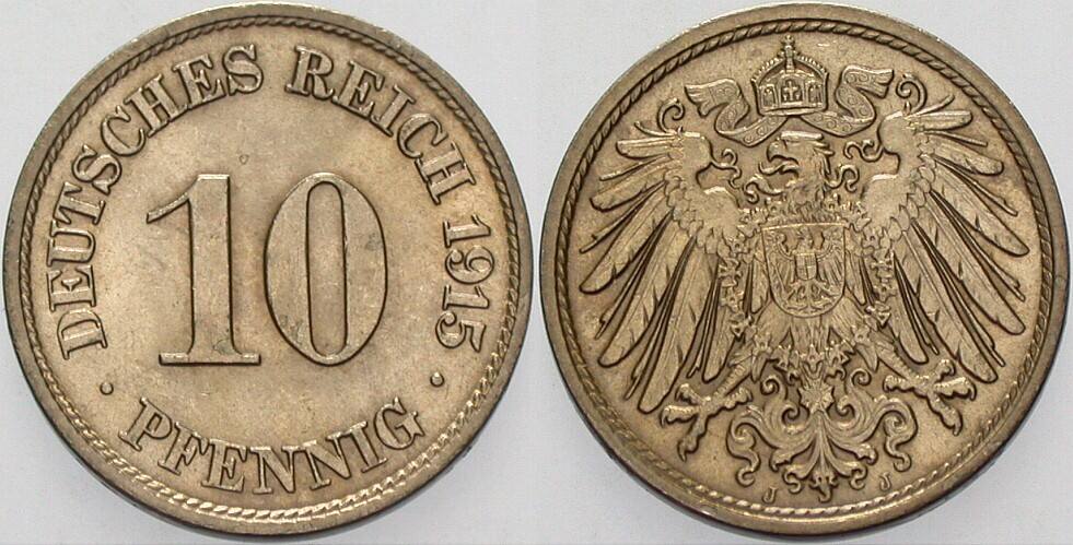 10 Pfennig 1915 J. 13 Fleckige Patina, vorzüglich - Stempelglanz