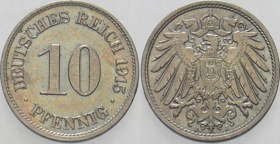 10 Pfennig 1915 J. 13 Patina, vorzüglich +