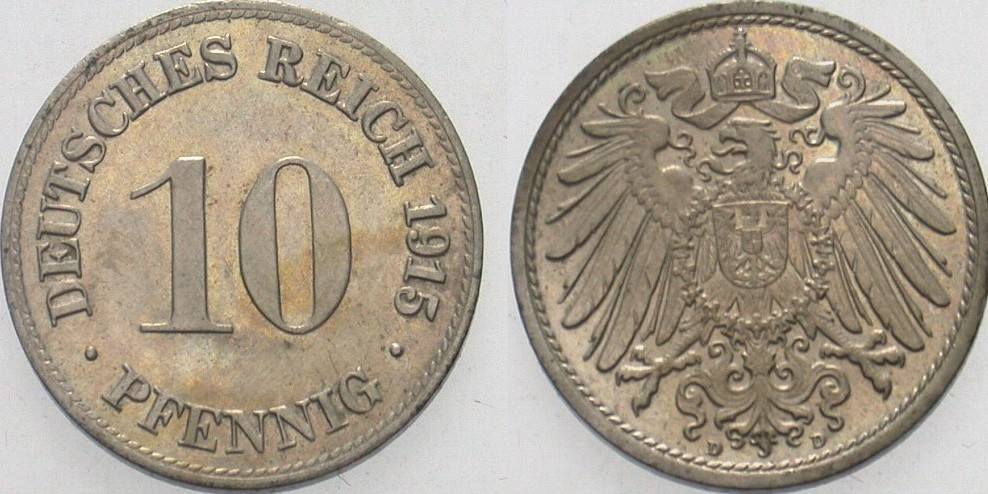 10 Pfennig 1915 J. 13 Patina, vorzüglich - Stempelglanz
