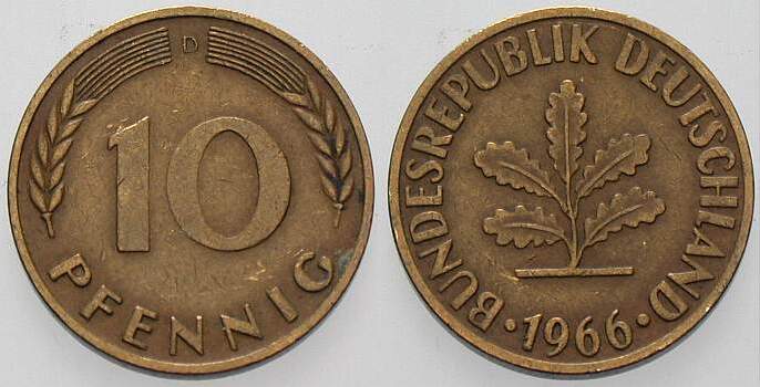 10 Pfennig 1966 J. 383 sehr schön