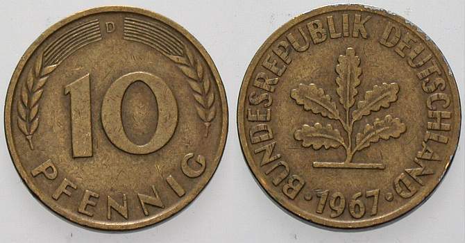 10 Pfennig 1967 J. 383 sehr schön
