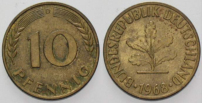 10 Pfennig 1968 J. 383 sehr schön